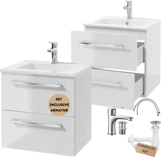 .Deftrans Waschbeckenunterschrank 50 cm hängend mit Waschbecken, Armatur & Siphon – Waschtisch mit Unterschrank 50x 50 x 46,5 cm, Softclose, Badezimmermöbel Set für kleine Bäder, Hochglanz Weiß