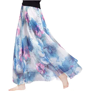 Damen Chiffon Blumen Strandrock Maxirock Langer Rock Gedruckter Chiffonrock Weich Glatt Dünn Cool für Sommer Rocklänge 90cm - Geblümt Blau #56 - 34-40
