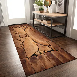Siunwdiy Teppich Läufer rutschfest Braun Teppichläufer Meterware Küchenläufer 3D Teppich Holzoptik Waschbar Flurläufer Lang Küchenteppich Für Korridor Schlafzimmer Wohnzimmer100x150cm