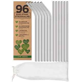 96 Strohhalme aus Edelstahl/Metall + 8 Reinigungsbürsten + 4 Geschenk-Beutel - Eco Trinkhalm Set Umweltfreundlich Wiederverwendbar Nachhaltig & Plastikfrei