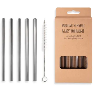CEY Glasstrohhalme| wiederverwendbar| Trinkhalm| gerade und gebogene Strohhalme| Spülmaschinenfest| inklusive Reinigungsbürste| 20cm –12cm (Grau, 5 Stück | +Bürste | 15cm)