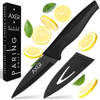 Axer Gemüsemesser – 9 cm Klingenlänge - kleines Gemüsemesser - Obstmesser – Kräutermesser – Tomatenmesser – Edelstahl – Schälmesser mit Schutzhülle – scharfe Klinge – Paring Knife -Schwarz