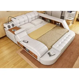 JVmoebel Polsterbett Luxus-Lederbett mit USB-Ladegerät und verstellbaren Kopfstützen, Made in Europa weiß 248 cm
