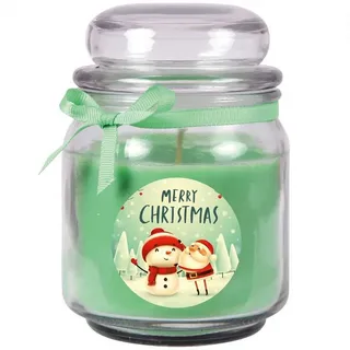 HS Candle Duftkerze (Dekokerze, 1-tlg), Weihnachten - Kerze im Bonbon Glas, Kerze mit Weihnachts - Motiv grün Ø 9 cm x 9 cm x 13 cm x 9 cm