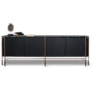 Casa Padrino Luxus Sideboard Schwarz / Matt Schwarz / Kupfer 240 x 47 x H. 80 cm - Massivholz Schrank mit 4 Türen und Marmorplatte - Esszimmer Möbel - Wohnzimmer Möbel - Hotel Möbel - Luxus Möbel