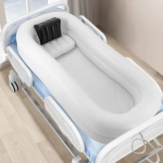 Aufblasbare Badewanne für Bettlägerige, 220×100×38 cm Tragbares Bettseitiges Duschsystem mit Elektropumpe, Nackenkissen und Wasserbeutel, Sitzbadewanne für Senioren, Pflege