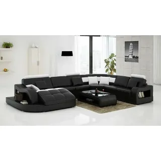 JV Möbel Eckcouch Leder U-Form 3-Sitzer Schwarz