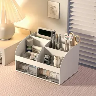 Rhys Multifunktionaler Schreibtisch Organizer,Plastik Tisch Organizer mit Schublade,für Büro Zuhause Schule,für Bürobedarf,Schreibwaren und Schreibtisch-Accessoires,Weiß