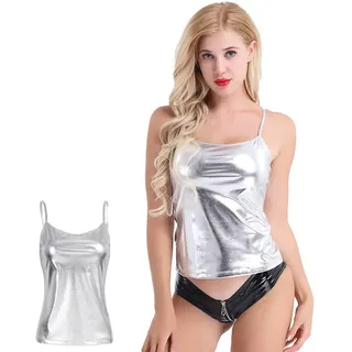 SamHeng Glänzendes Tanktop für Damen, ärmelloses metallisches Sexy Unterhemd, Basic Solides Weste Oberteil mit Trägern, tägliches Neckholder Tanktop, Blusenhemd für Nachtclub Party Performance Kostüm - M