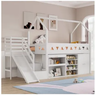 Flieks Hochbett Kinderbett Etagenbett mit Schränke, Rutsche und Treppe 90x200cm weiß