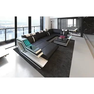 Sofa Dreams Wohnlandschaft Leder Sofa Ledercouch Ravenna U Form Ledersofa, Couch, mit LED, wahlweise mit Bettfunktion als Schlaffunktion schwarz