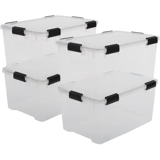 Iris Ohyama, 50L wasserdichte Aufbewahrungsboxen aus Kunststoff mit Deckel, 4er-Set, AT-L, transparent, stapelbar, Verschlussclips ? B59 x T39 x H29 cm