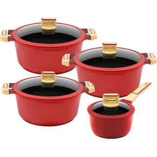 King Gourmet Topf-Set 8-tlg. 3 x Kochtopf + Stieltopf rot