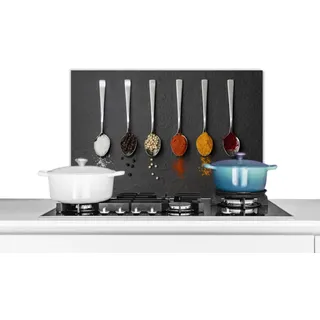KitchenYeah© Küchenrückwand Platte Spritzschutz Küche Deko Aluminium Platte | 70x50 cm - Spritzschutz Herd Alternative für GlasplatteGewürze - Löffel - Tisch - Rustikal - Kräuter