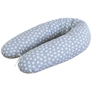 LOOLAY Stillkissen M/L - 170 cm mit abnehmbarem Bezug aus 100% Baumwolle - Schwangerschaftskissen, Seitenschläferkissen & Lagerungskissen mit leiser FillBall-Füllung, in Europa gefertigt (Herzchen Grau)