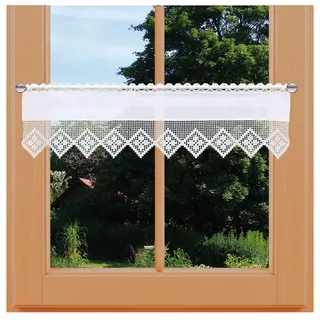 Feenhaus-Scheibengardine Lydia Vogtländische Spitze in weiß | Landhaus-Spitzengardine in geometrischer Häkelmusteroptik | fein gestickter Scheibenhänger mit Blumenmuster Höhe x Breite 21 x 146 cm