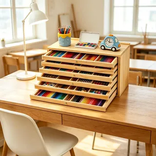 6-Schublade Holz stifte Aufbewahrung, Schubladenbox Holz Aufbewahrungsbox für Künstle mit Fächern und Schublade, Stifte-Organizer aus Buchenholz, Tragbare Holzbox für Pinsel, Marker, Pastellkreide