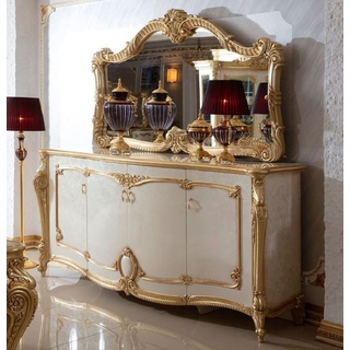 Casa Padrino Luxus Barock Sideboard mit Wandspiegel Weiß / Beige / Gold