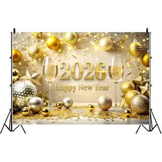 Ttincceer 2.5x1.8m 2026 Frohes neues Jahr Hintergrund Gold Champagner Weihnachtskugel Glitzer Fotografie Hintergrund Winter Urlaub Silvester Party Dekoration Erwachsene Portrait Foto Requisite