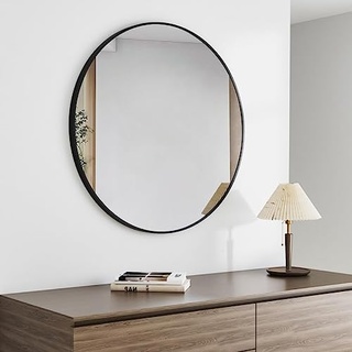Goezes Wandspiegel 70 cm Rund Schwarz Spiegel, 70cm Wandspiegel mit Schwarz Rahmen Runder Badspiegel Schminkspiegel, ideal für Badezimmer, Waschraum, Schlafzimmer, Wohnzimmer