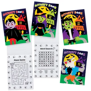 Baker Ross FE776 Halloween Mini Aktivitäten Bücher - 12er Pack, Puzzles und Malen nach Zahlen für Kinder, Puzzle Bücher für Kinder, für Partytüten oder kleine Kindergeschenke, Mittel