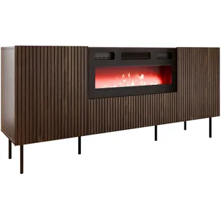 MIRJAN24 Kommode Tacos 180 mit Elektrische Kamin (mit zwei Drehtüren und Klappe), Schwarze Stahlfüße, Realistische LED-Flamme braun