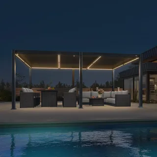PURPLE LEAF Pergola 3.5 x 5.5 m Pavillon mit Verstellbaren-Lamellendach Terrassenüberdachung Wasserdicht Stabil Winterfest Voll-Aluminium Freistehend mit LED-Lichtleiste für Garten, Grau