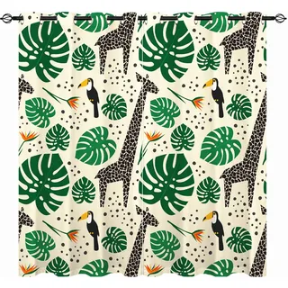 YUANZU Giraffen Vorhänge Tukan Dschungel Safari Tier Ösen Gardinen mit Blickdichte Thermo Vorhang Kälteschutz Blackout Curtain Kinderzimmer Schlafzimmer Verdunkelung Fenster, 2 Stück, H 175 x B 140 cm
