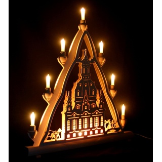 Schlick & Türk Schwibbogen Spitze Dresden Frauenkirche - 54cm, 7 Kerzen + Vorbeleuchtung - Feine Handarbeit aus dem Erzgebirge - Weihnachten erzgebirgischer Lichterbogen