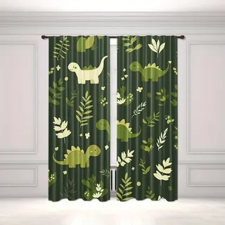 Dinosaurier Vorhänge für Jungen Grüne Dino-Blätter Schlafzimmer Fenstervorhänge Wärmeisoliert Geräuschreduzierend Sichtschutzvorhänge für das Wohnzimmer von Kindern, B168 cm x L183 cm x 2 Stück