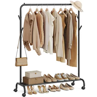SONGMICS Kleiderständer auf Rollen, 1 Kleiderstange, bis 50 kg belastbar | Garderobenständer aus Stahlrohren, 103,5 cm breit, multifunktionale Aufbewahrung, tintenschwarz, PATAYE Kollektion HSR131B01