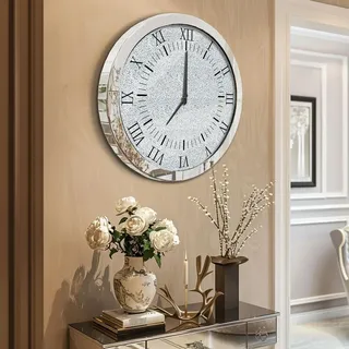 Vrygle Große Wanduhr 60 cm Silber, Kristall Diamant Design, Geräuschlose Wohnzimmeruhr mit Römischen Ziffern, Batteriebetriebene Wanddekoration - Silber