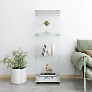 BRYXR Glasvitrine Stehend,Glas Vitrine,Sammlervitrine,3-stufiger Glas Holz Vitrinenschrank mit abschließbarer Tür,ideal für Wohnzimmer,Schlafzimmer und Büro(Weiß, 3 Etagen, 1 Tür)