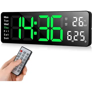 MODFU Digitale Wanduhr, USB-Wanduhr mit großem Display, LED-Digitaluhr mit Fernbedienung, Timer und Countdown, große Uhr mit Datum, Wochentag, Te... - Grün/Orange/Rot/Blau