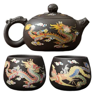 Kung-Fu-Teeset, chinesisches Teeset mit Farbwechsel, Drache und Phönix, enthält 1 lila Ton-Teekanne und 2 Teetassen. Kung Fu, chinesisch, magisch