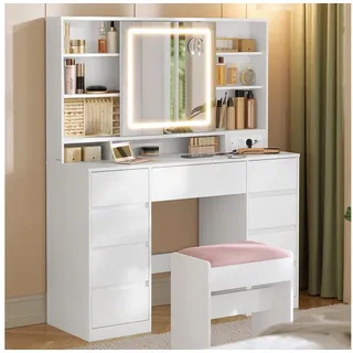 VASAGLE Schminktisch mit Spiegel und LED-Leuchten, Steckdosenleiste, 9 Schubladen (1 Tisch mit 1 Hocker), 10x Vergrößerungsspiegel, 3 Lichtfarben, werkzeuglose Gleitschienen rosa