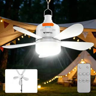 BYZESTY Deckenventilator mit Beleuchtung, Deckenventilator mit Licht Akku, Camping Ventilator für Outdoor, Mobiler Deckenventilator mit Fernbedienung, Leise Zelt Ventilator Lampe