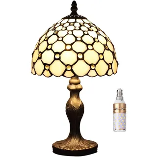 Kinbolas Tischlampe kleine im Tiffany Stil,Vintage Nachttischlampe,Schlafzimmer Fensterbank Deko Lampe,Jugendstil Tischleuchte,Beige Buntglas Lampenschirm 20cm / 8 Zoll mit LED E14 Birne