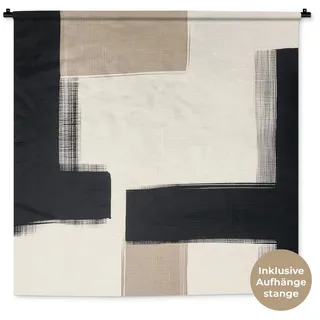 MuchoWow Wandteppich Schwarz - Abstrakt - Japanisch, Quadratisch, Höhe: 3 mm, Wand Teppich Wohnzimmer, Schlafzimmer, 150x150 cm beige|schwarz Quadratisch | 150 cm x 150 cm x 3 mm