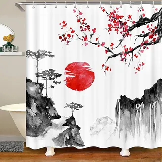 Loussiesd Japanische Ukiyoe Duschvorhang 180x180cm Kirschblüten Rote Sonne Duschvorhang Textil für Kinder Jungen M?dchen Tinte Japanischen Stil Exotischer Stil Dekor