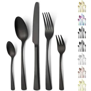 Silberfarbenes Bestecksatz für 6 Personen, Edelspiegelrostfreies Messing, 30 Stück, Vork, Messer, Löffel, Geschirrwaschergerecht, Elegante Matts... - Schwarz