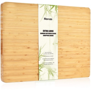 Extra großes Butchers Block Bambus Schneidebrett von Harcas. Premium Bio-Schneidebrett 45 x 34 x 3 Zentimeter (cm). Professionelles Bambusholz mit Tropfnut.