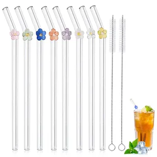 WRENYZK 8 Stück Wiederverwendbare Glasschleifen mit 2 Reinigungsbürsten, Strohhalme Glas Wiederverwendbar, Glasstrohhalm Gebogen, klare Trinkhalme mit Blumen für Smoothies Milkshakes Saft Tee