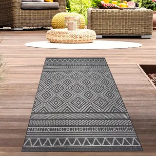 CARPETIA In- & Outdoor Teppich Ethno-Muster Anthrazit Creme 80x150 cm | Pflegeleicht, UV-beständig, wetterfest, formstabil und schmutzabweisend, für Fußbodenheizung, Balkon & Terrasse