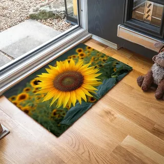 MLSOWM Schmutzfangmatte Meer Aus Sonnenblumen Fußmatte Innen 90 x 150 cm, Rutschfester Waschbarer Teppich Pastoralstil Niedriges Profil Fußmatten für Eingang, Haustür, Patio, Flur, Garten - Grün