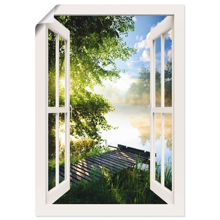 ARTland Poster Bild ohne Rahmen Wandposter 70x100 cm Fensterblick Fenster Landschaft Wald Natur See Angelsteg Sonne Frühling T1JK