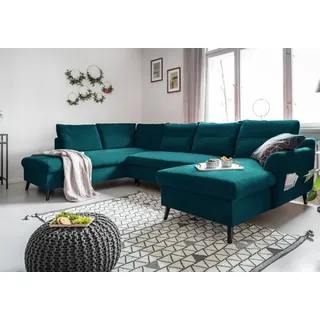 MIUFORM Stylish Stan - Ecksofa mit Bettfunktion und Bettkasten U-FORM LINKS - 300x198cm - Velours Türkis - Sofa Schlafsofa Couch - Türkis