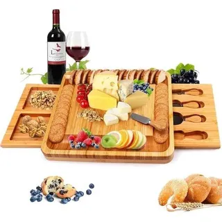 DigiRigi® Bambus-Käseplatte – Servierbrett für Käse & Charcuterie, 2 versteckte Schubladen mit 4‐tlg. Besteck + Käsemesser, Rillen für Cr...