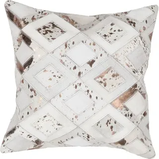 Padiro Dekokissen 45 x 45 cm - elfenbeinfarben und chromfarben - Leder - Rautenmuster mit Metallic-Akzenten - Beige/Silber