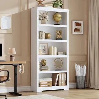 Garvee Landhaus Bücherregal 5 Ebenen Standregal MDF 80 × 29,5 × 174,5 cm | Mit verstellbaren Einlegeböden und Anti-Kipp-Sicherung – ideal für Wohnzimmer, Home Office & Arbeitszimmer, warmweiß
